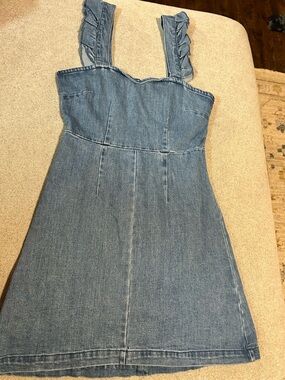 Denim Mini Dress with Ruffle Straps - Blue